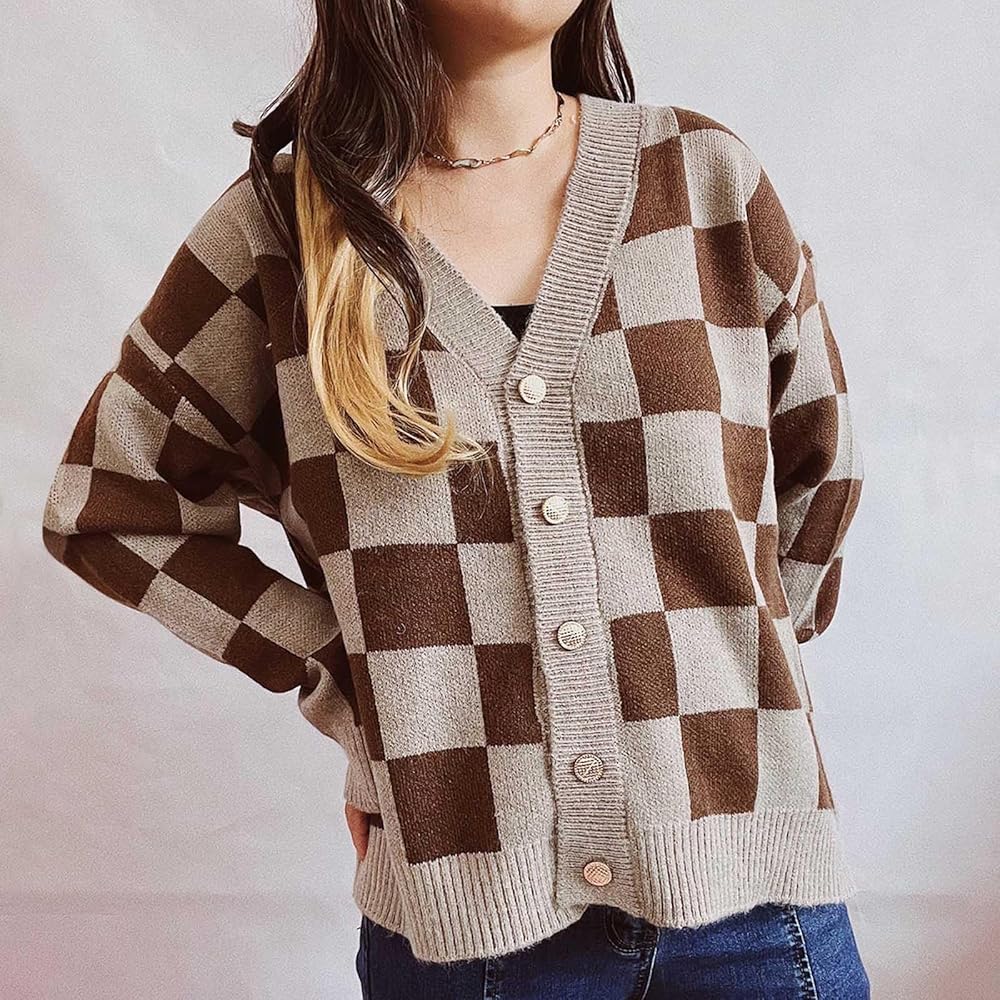 Womens Checkered Cardigan Sweaters Plaid Color Block